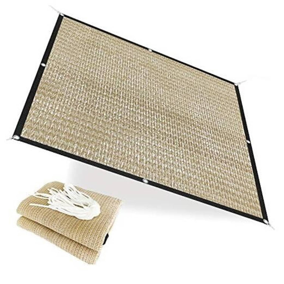 Beige shade cloth panel with black border and rolled tie straps