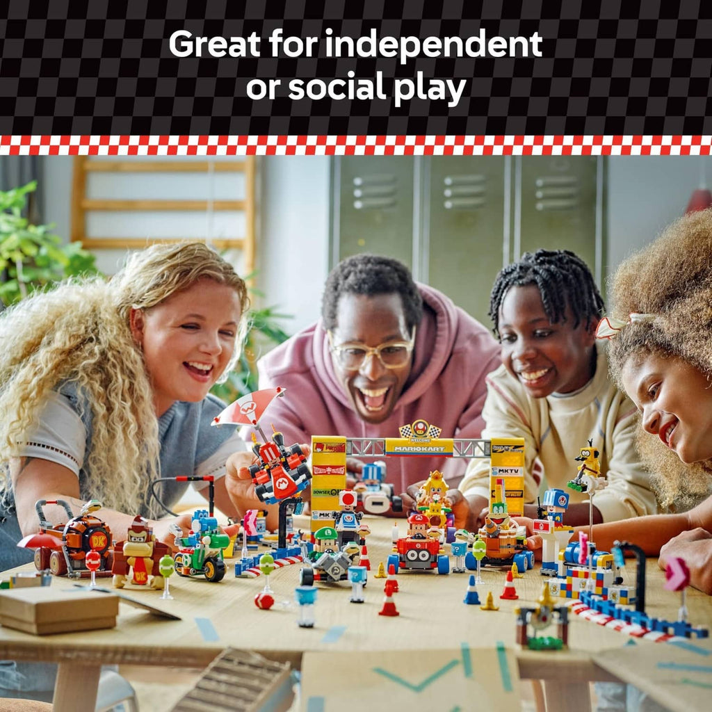 Group of kids playing with LEGO Super Mario multicolor racing sets and figurines