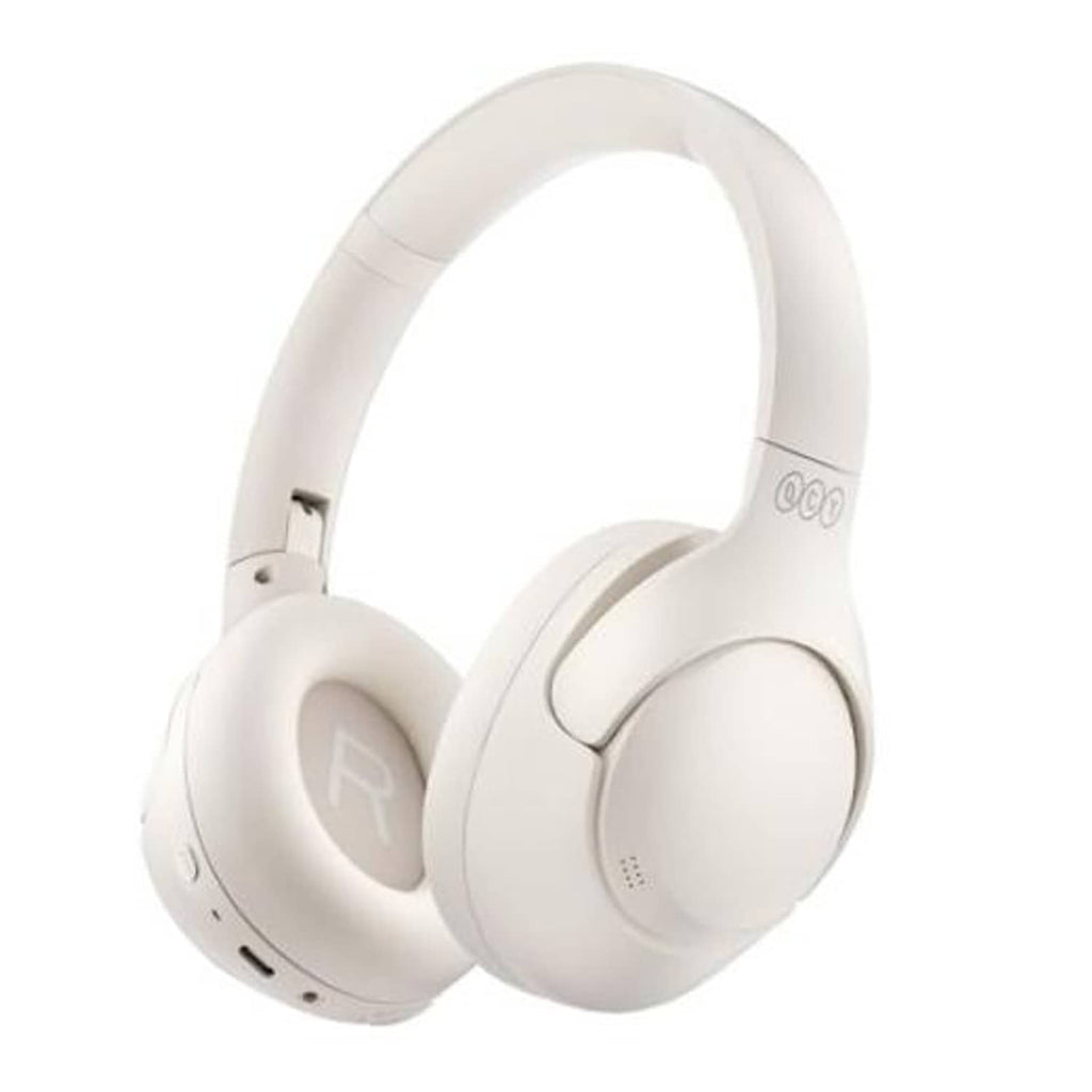 White over-ear Bluetooth headphones with padded ear cups and adjustable headband.