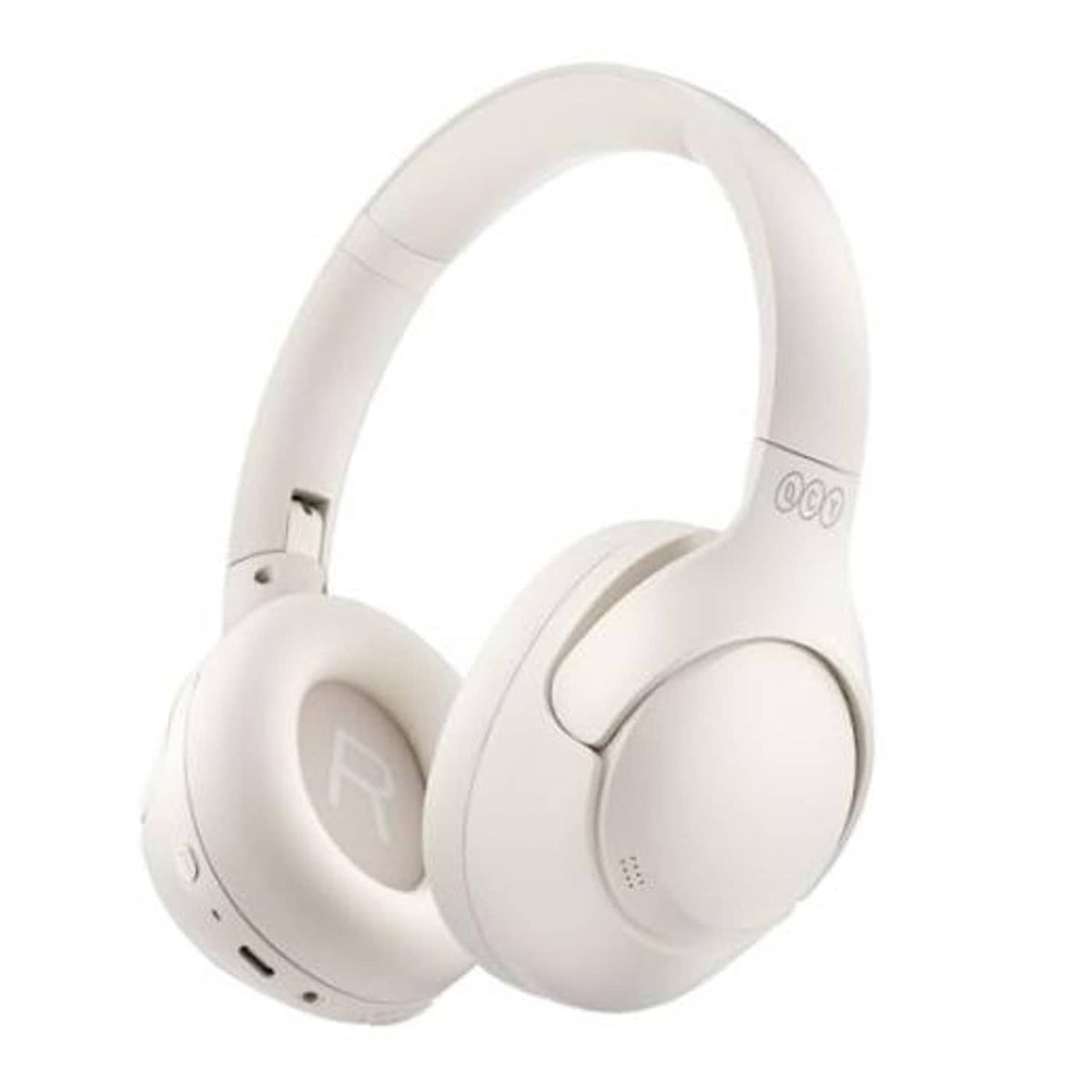 White over-ear Bluetooth headphones with padded ear cups and adjustable headband.