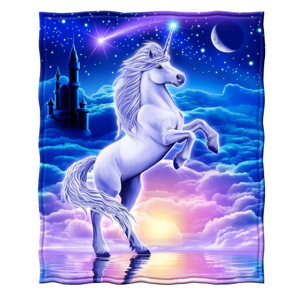 Square unicorn plush blanket, blue moonlit scene with white unicorn and clouds