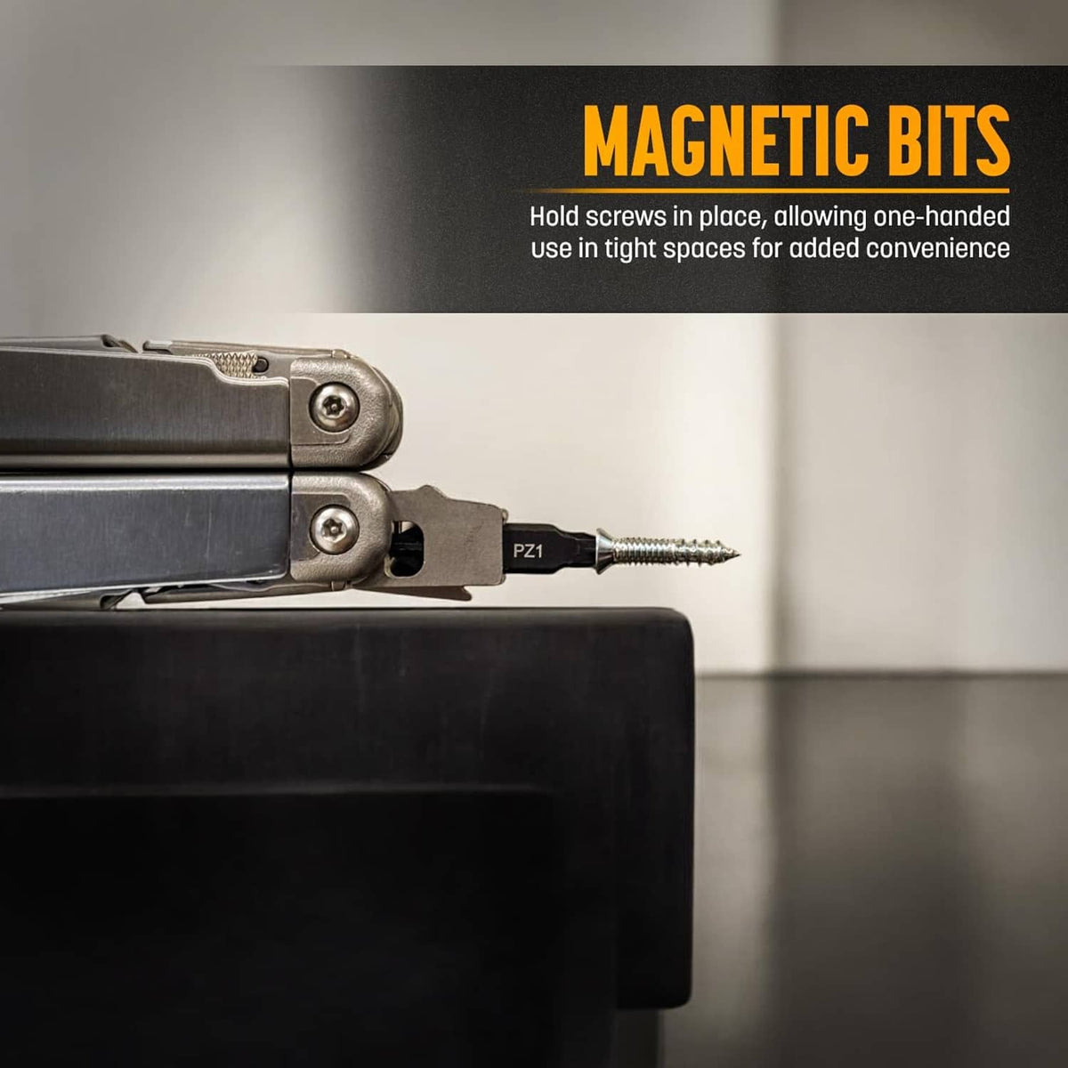 Magnetic bit holding a screw on a metal tool head