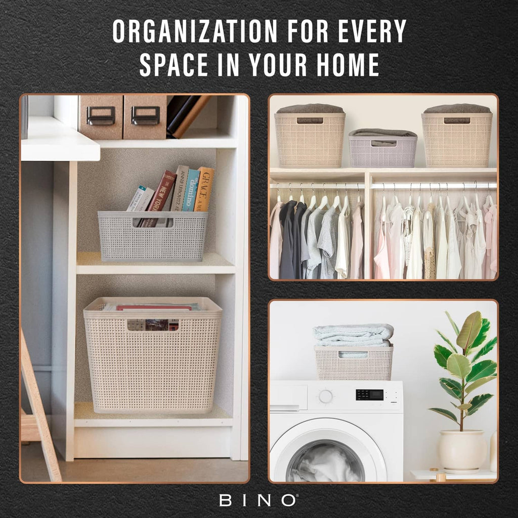 Natural woven plastic storage baskets for home organization, open top with cutout handles