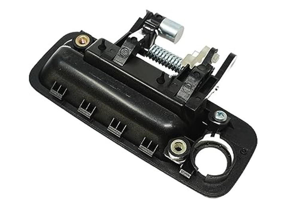 Black backside door handle assembly with spring, metal latch parts, and mounting holes