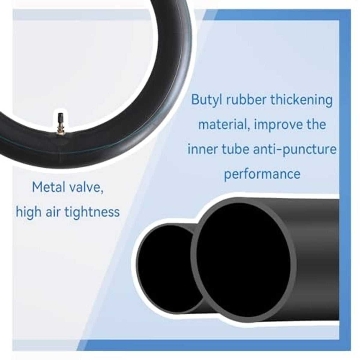 Close-up of black inner tube with metal valve and puncture-resistant tube layers.