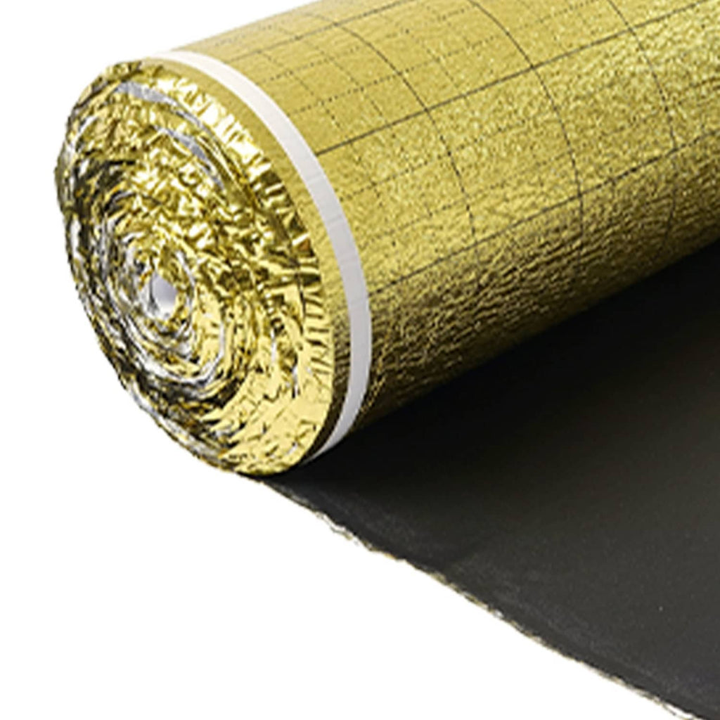 Gold vapor barrier floor underlayment rolled up, showing white backing edge