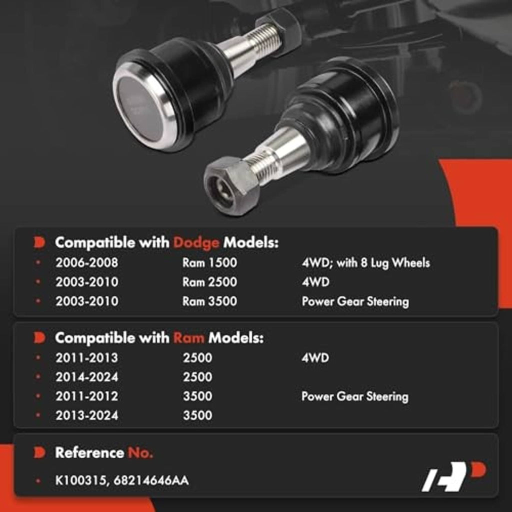 Two ball joints with black dust boots, silver housings, and threaded mounting studs