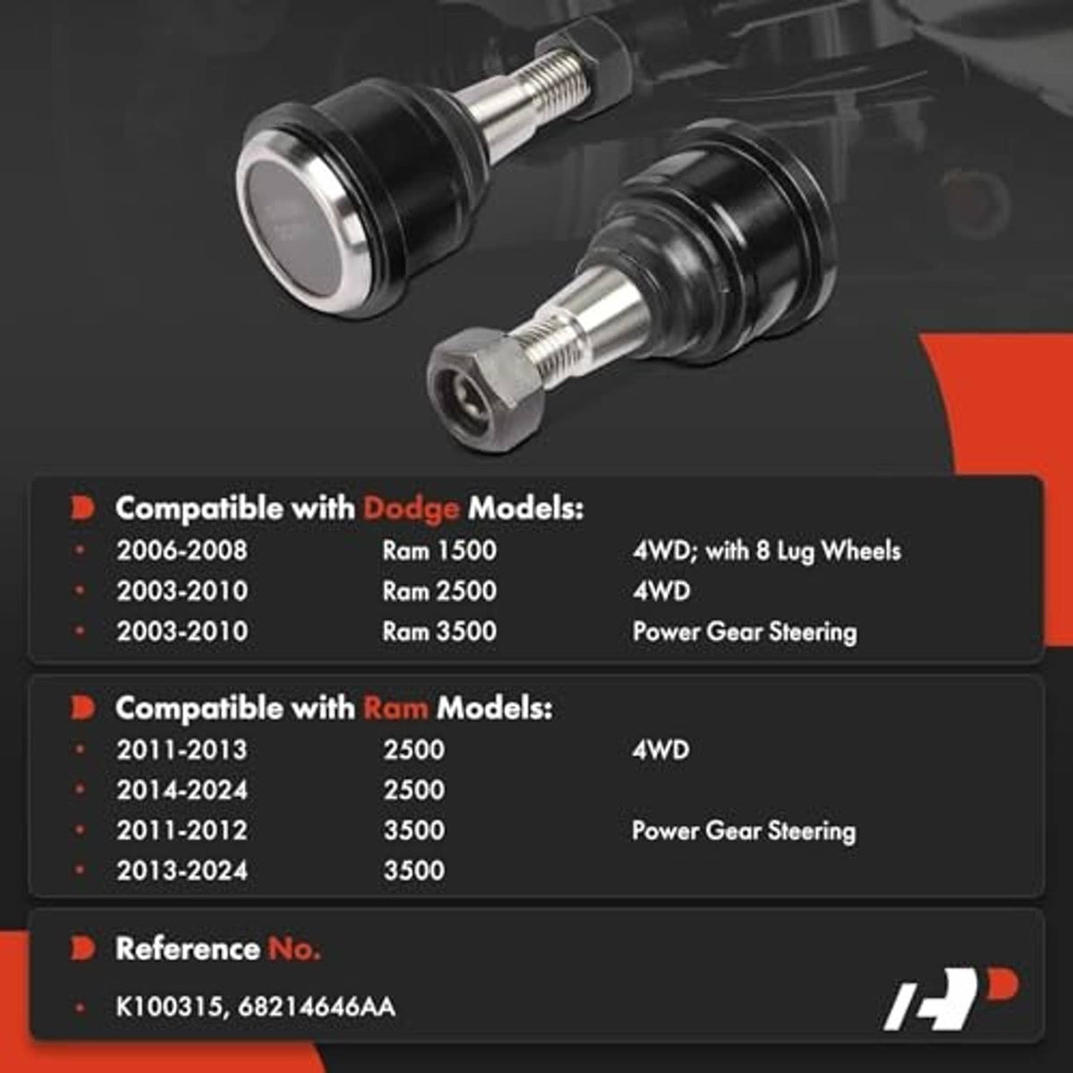 Two ball joints with black dust boots, silver housings, and threaded mounting studs
