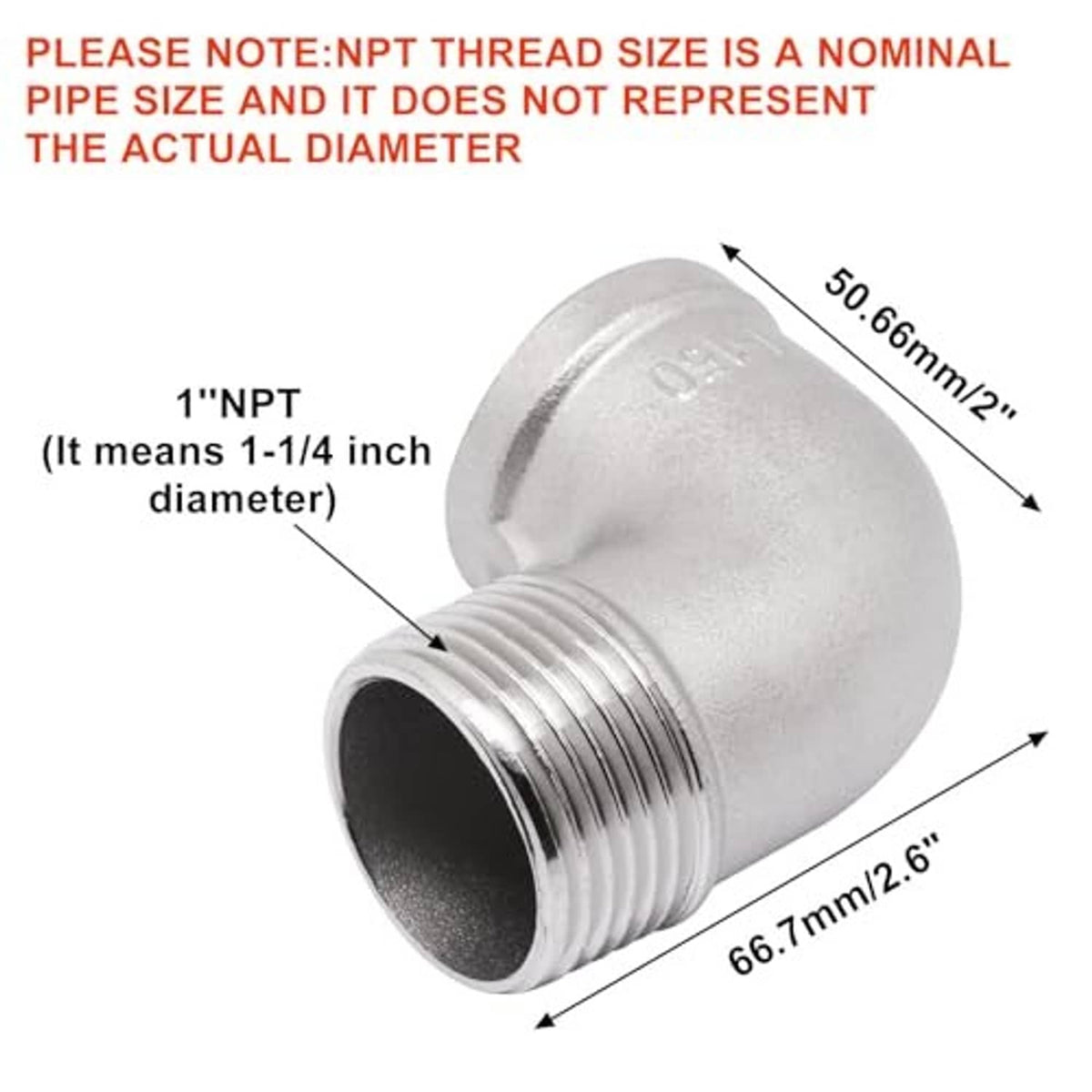 Stainless steel 90-degree elbow with male and female NPT threaded ends