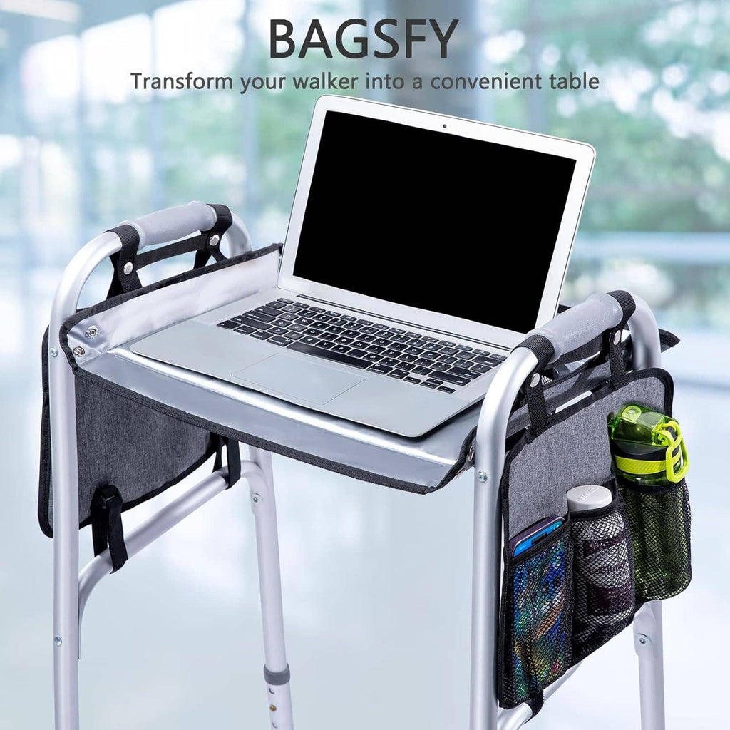Walker tray table with laptop on the tabletop and two side mesh pockets for storage