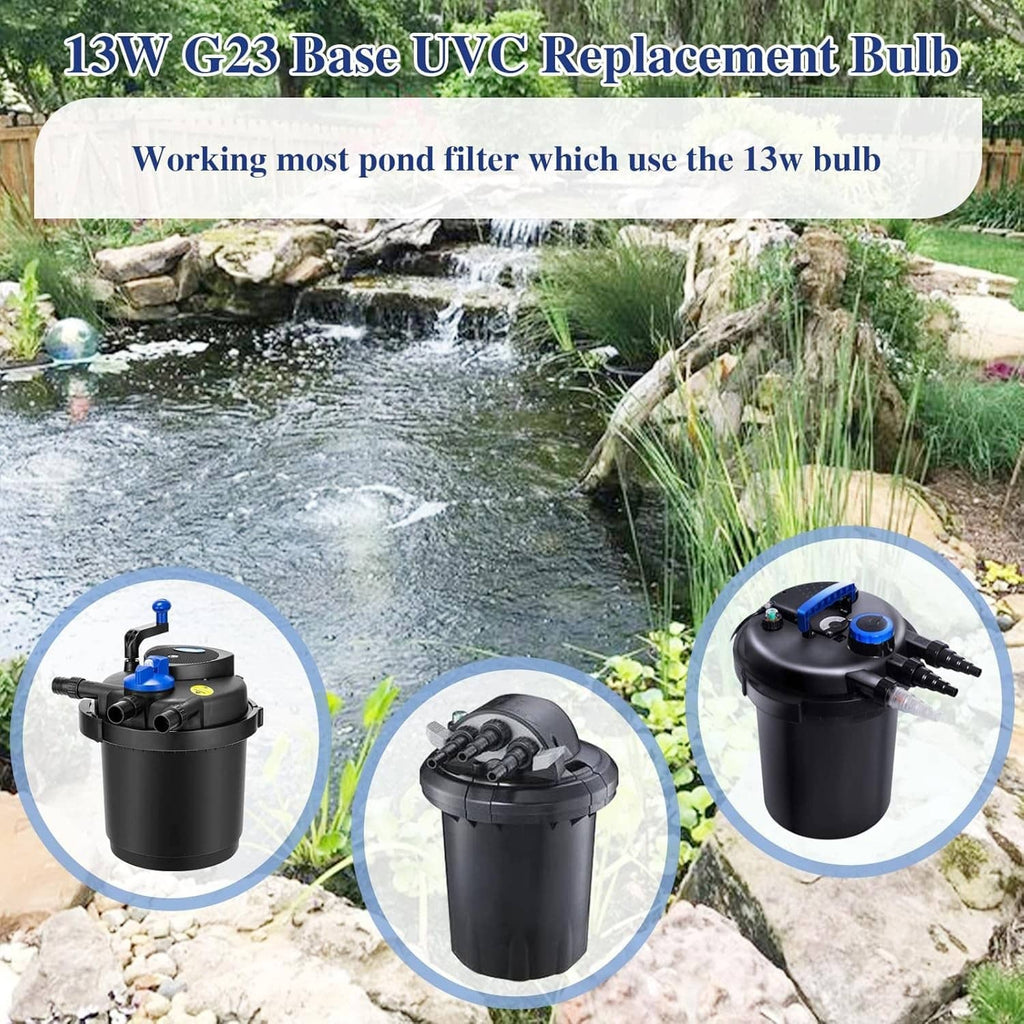 13W UV replacement bulbs with G23 base, shown with black pond filter housings
