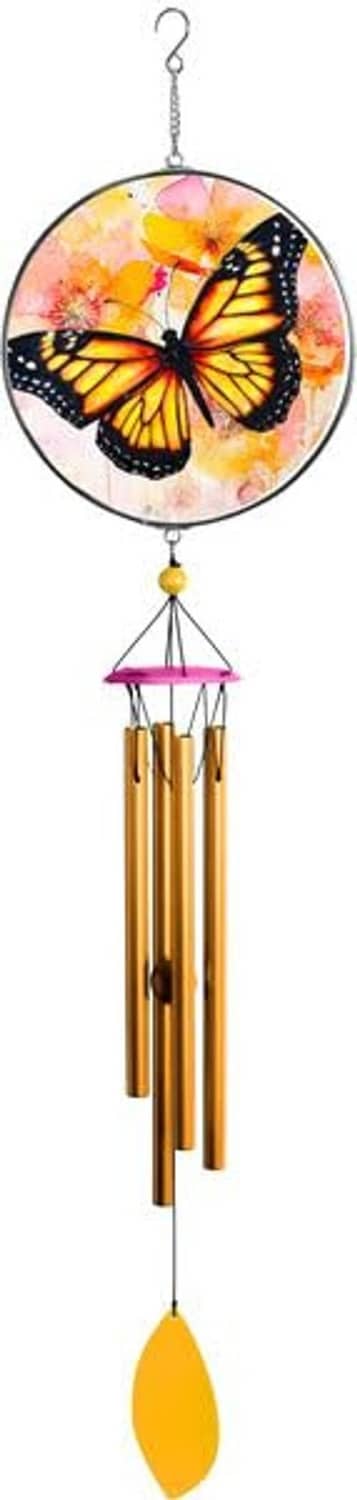 Butterfly sun catcher wind chime with round disc, pink cap, gold chimes, and orange drop
