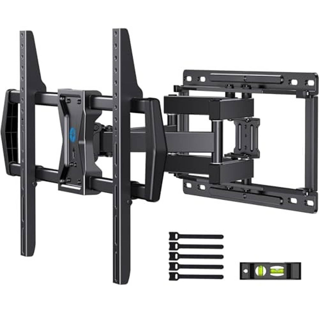 Black full-motion TV wall mount bracket with dual arms and VESA mounting plate