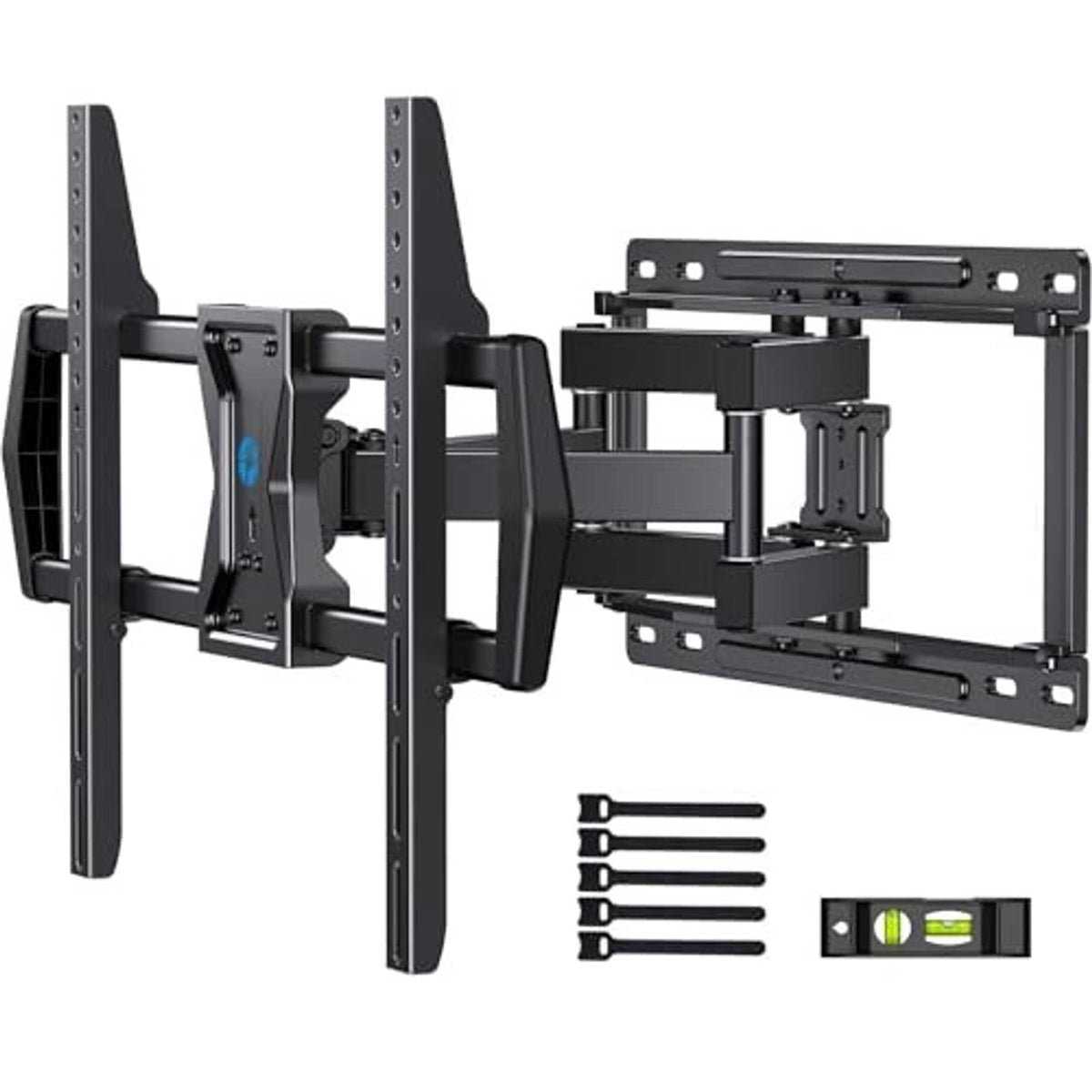 Black full-motion TV wall mount bracket with dual arms and VESA mounting plate