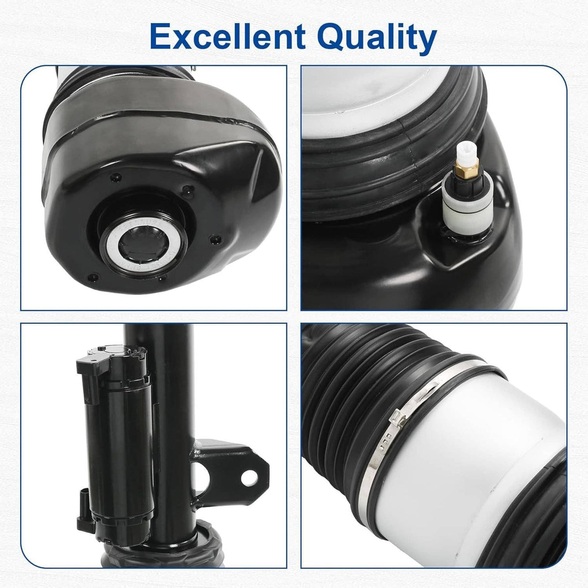 Air suspension shock strut close-up details, black housing and white spring sleeve