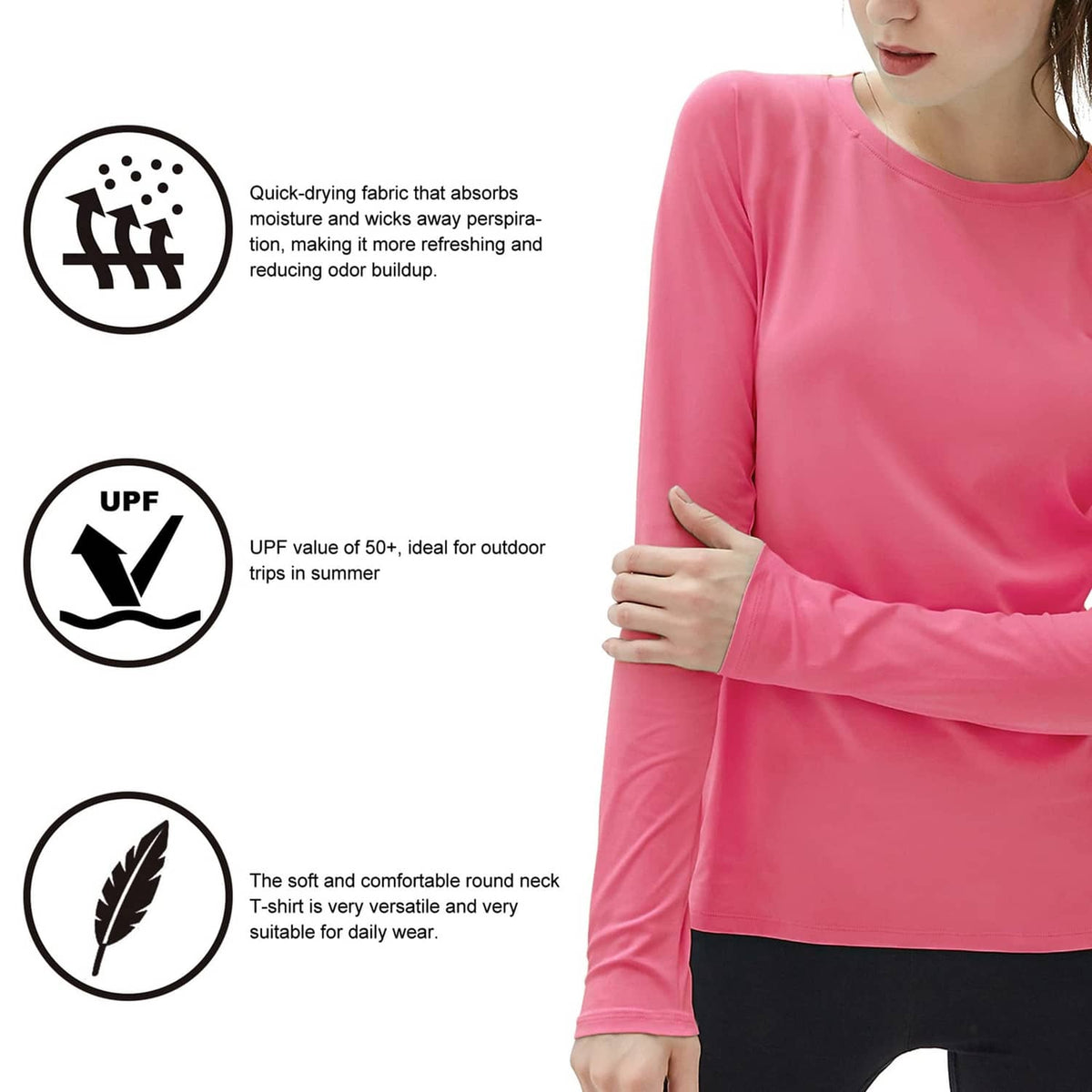 Bright pink women's long-sleeve swim shirt, round crew neck, smooth stretch fabric