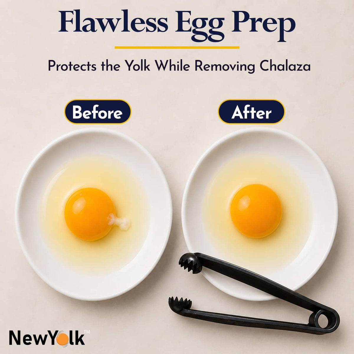 Black egg chalaza remover tool next to two white plates with yolks