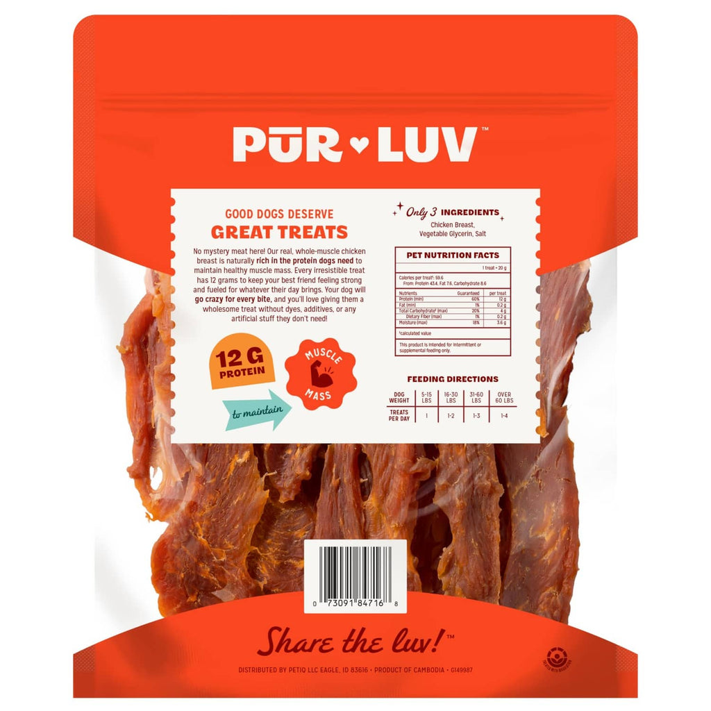 Pur Luv chicken jerky dog treats back pouch with ingredients and feeding directions
