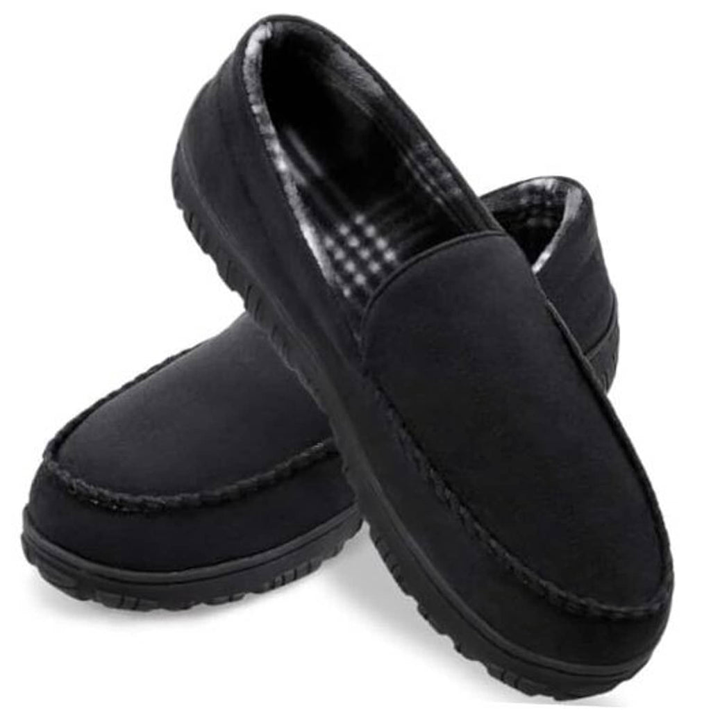 Black moccasin house slippers with stitched upper and grippy tread sole