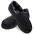Black moccasin house slippers with stitched upper and grippy tread sole