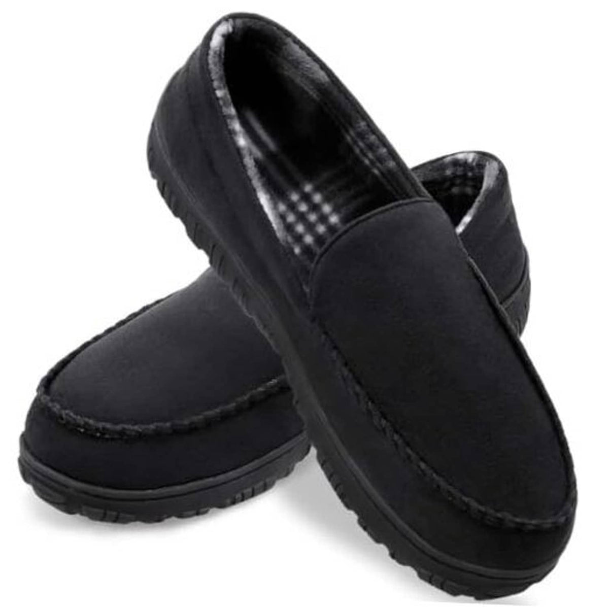 Black moccasin house slippers with stitched upper and grippy tread sole