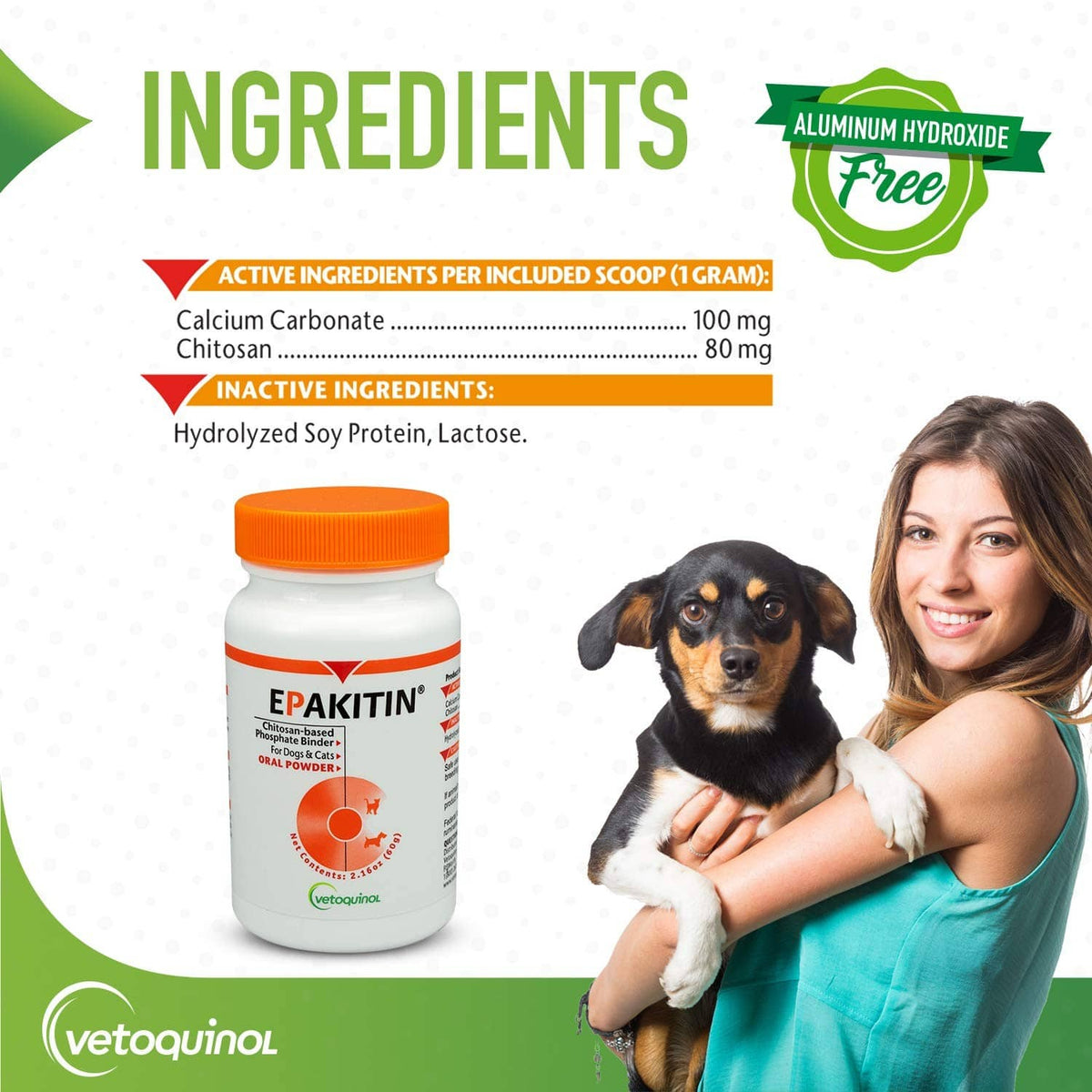 Epakitin 60g oral powder bottle with orange cap and ingredients panel