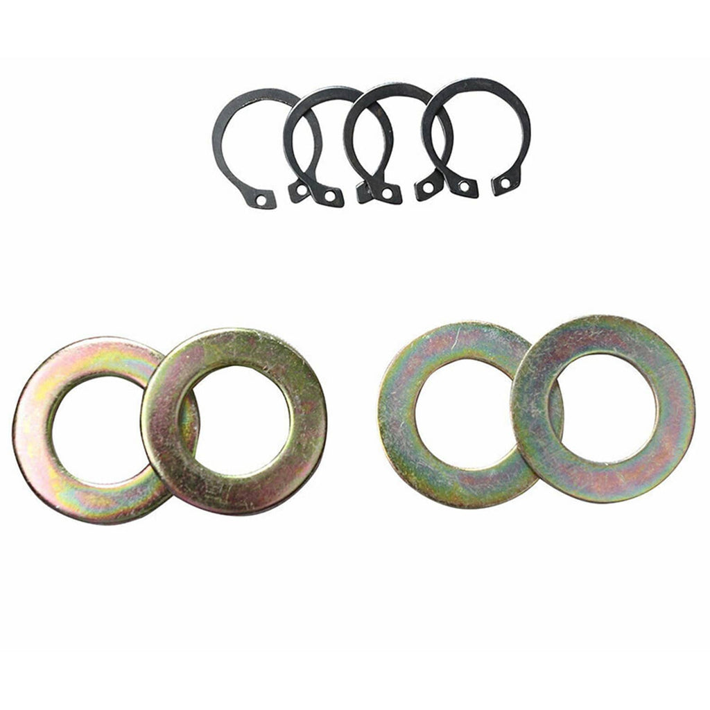 Camber control arm kit hardware: black brackets, zinc washers, and bushings
