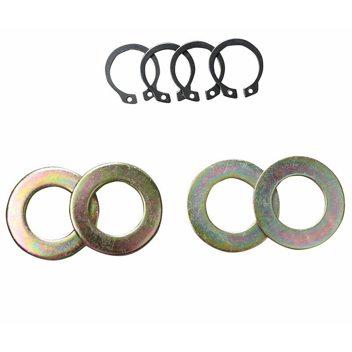 Camber control arm kit hardware: black brackets, zinc washers, and bushings