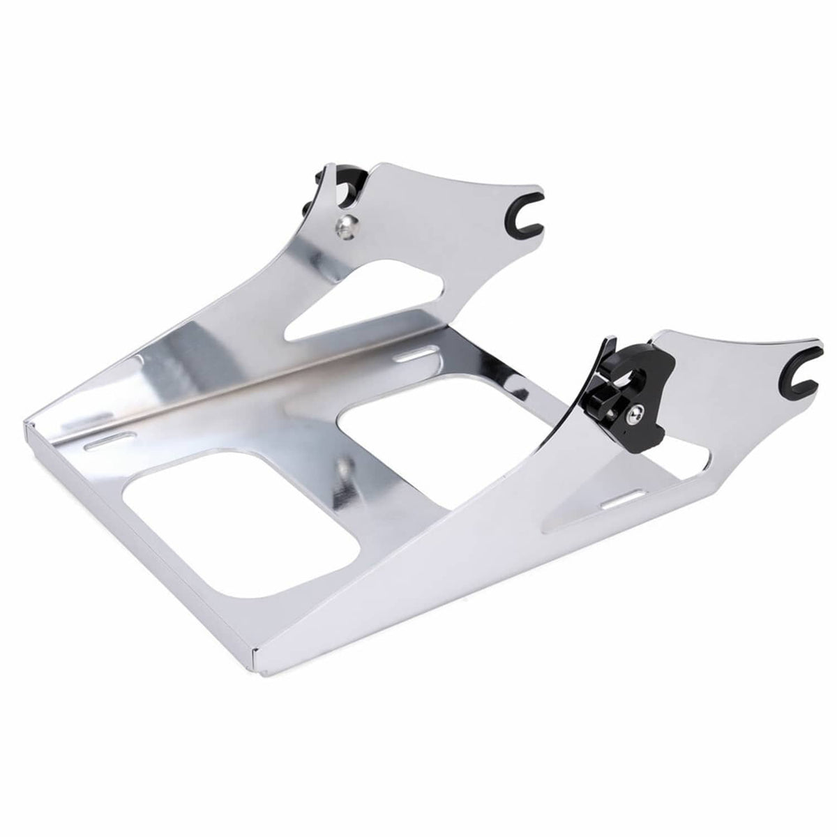 Chrome two-piece luggage rack mount bracket with black latch and hook posts