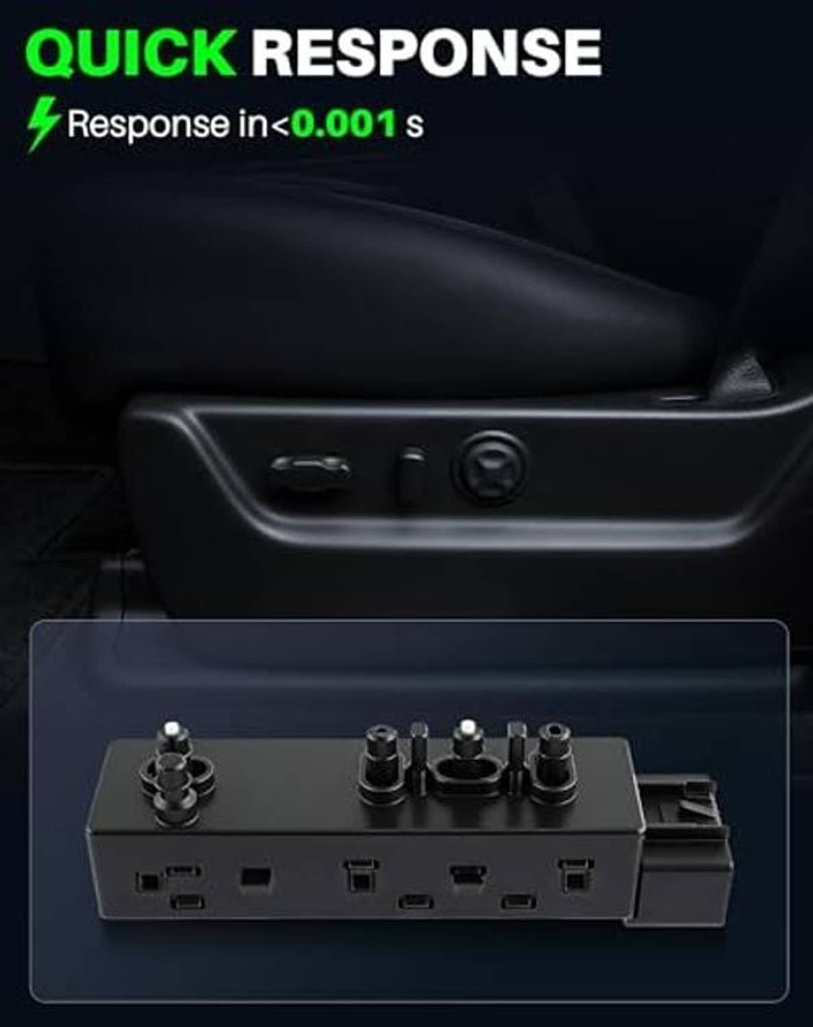 Power seat switch module installed in car interior panel with button housing