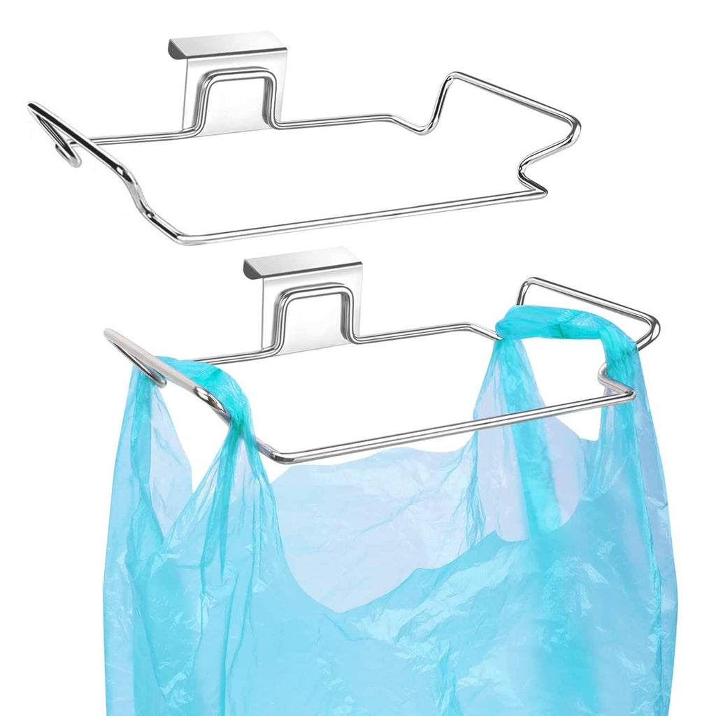 Stainless steel under-cabinet trash bag holder with hinged clamp arms