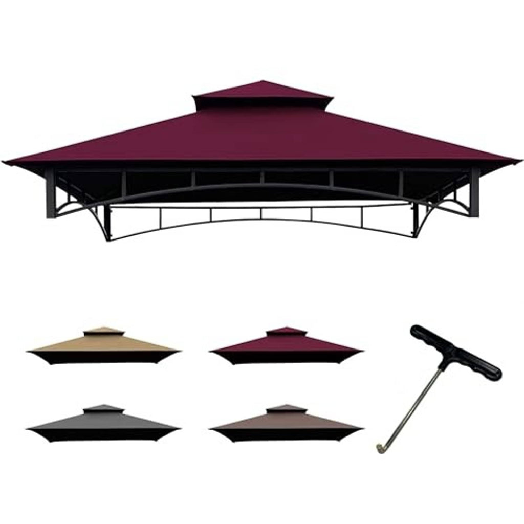 Burgundy gazebo BBQ canopy top with double-roof peak and black steel frame, angled view