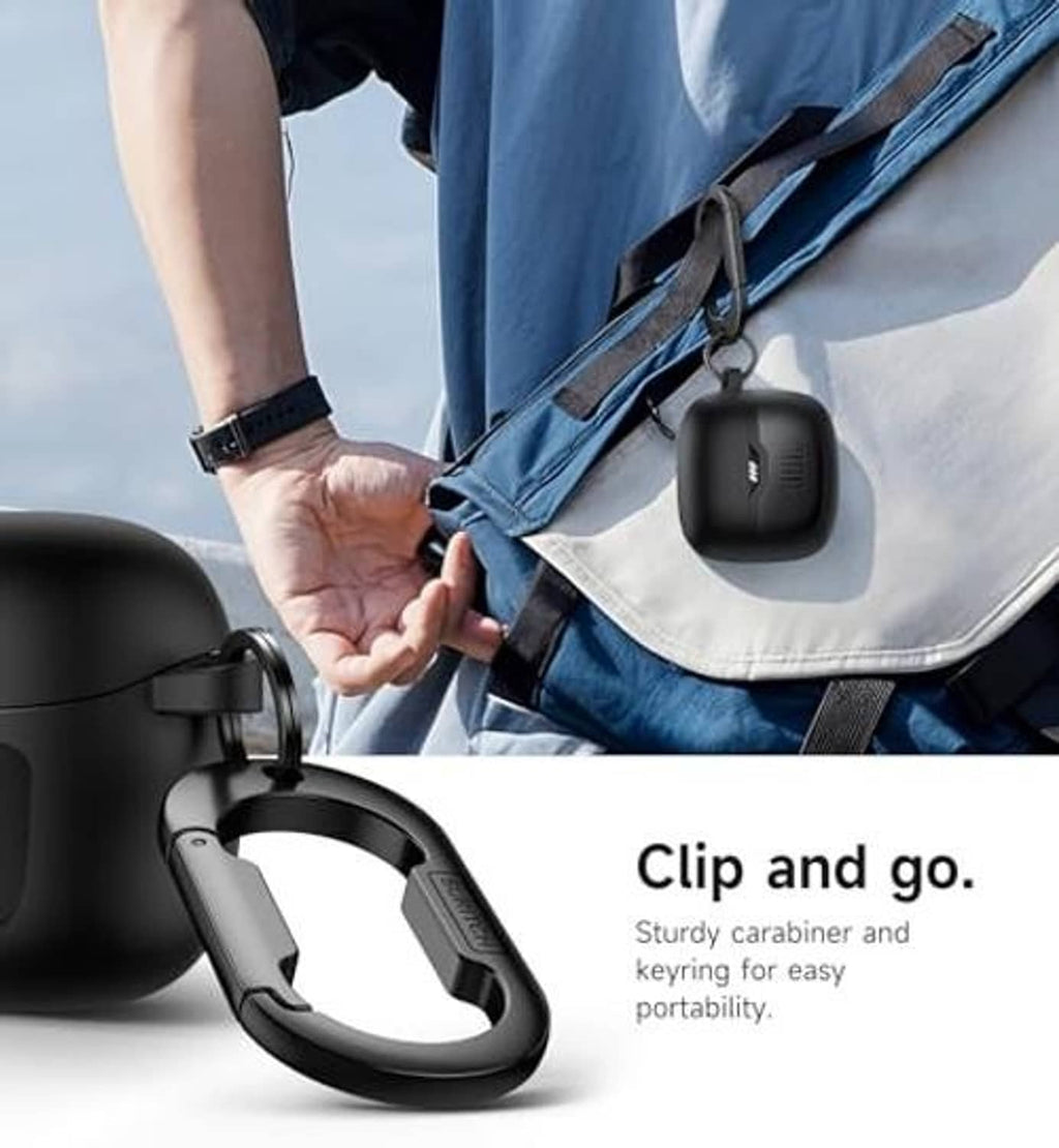 Black earbuds case with carabiner clip and keyring, attached to a strap