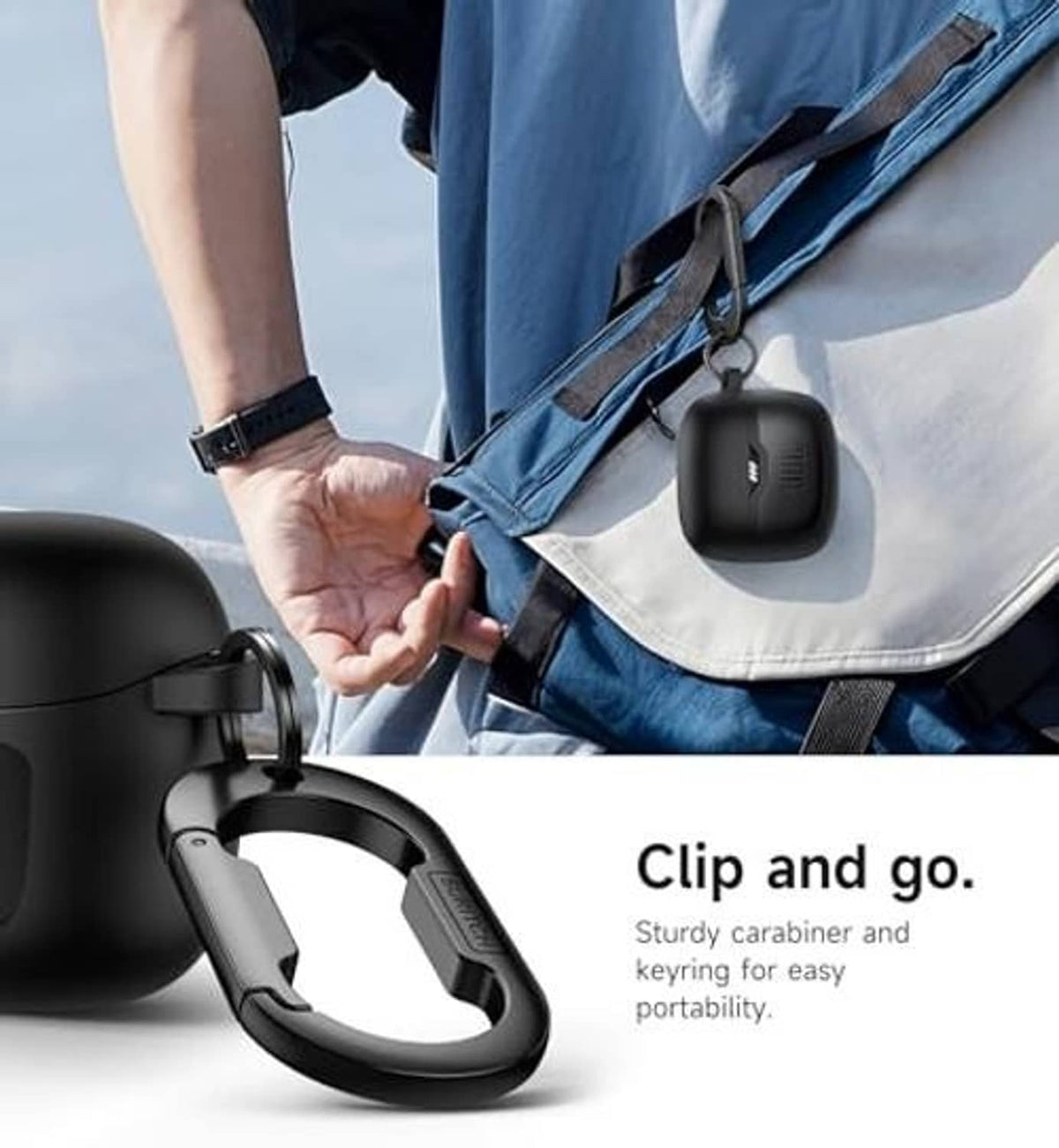 Black earbuds case with carabiner clip and keyring, attached to a strap