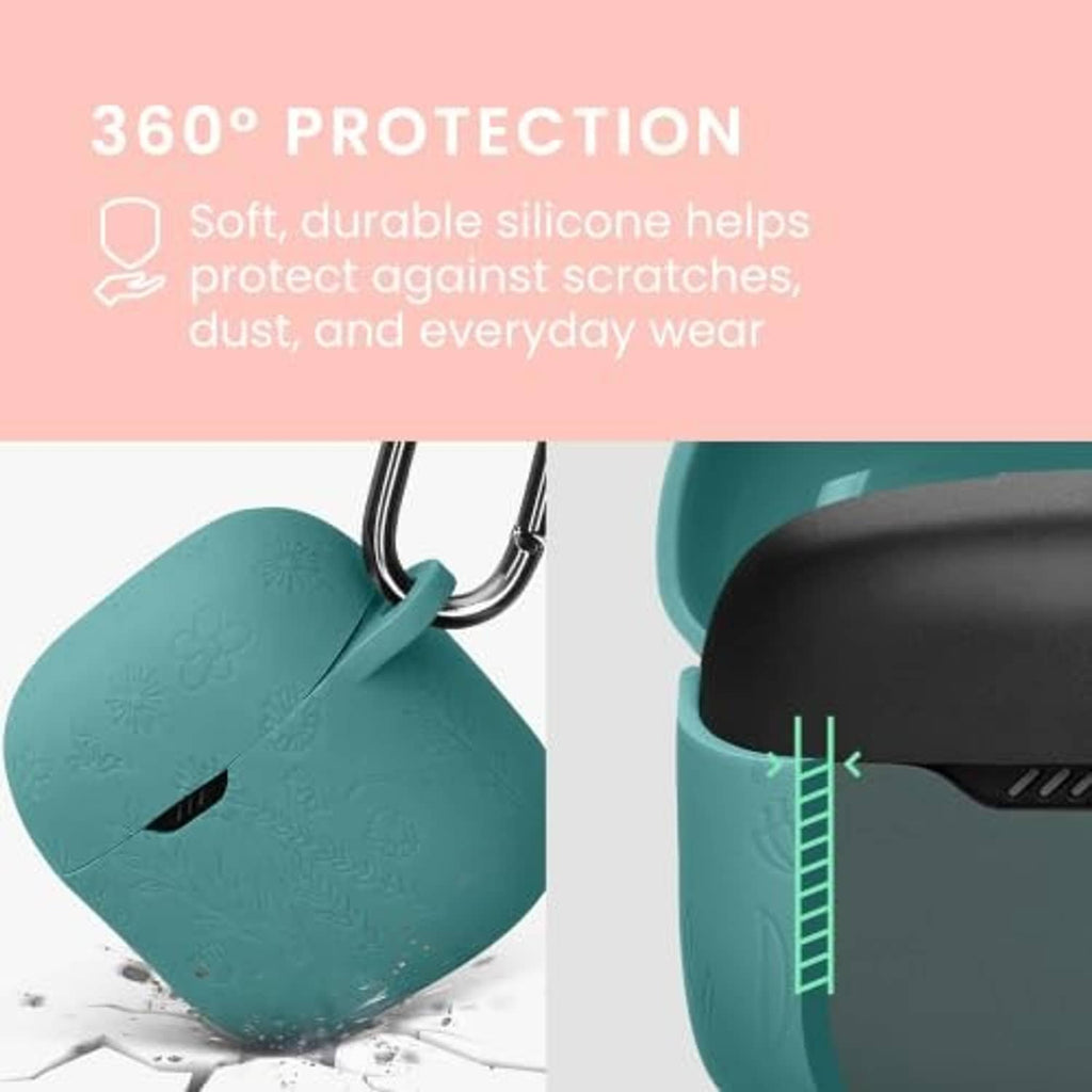 Teal silicone earbud case cover with carabiner and raised protective edges