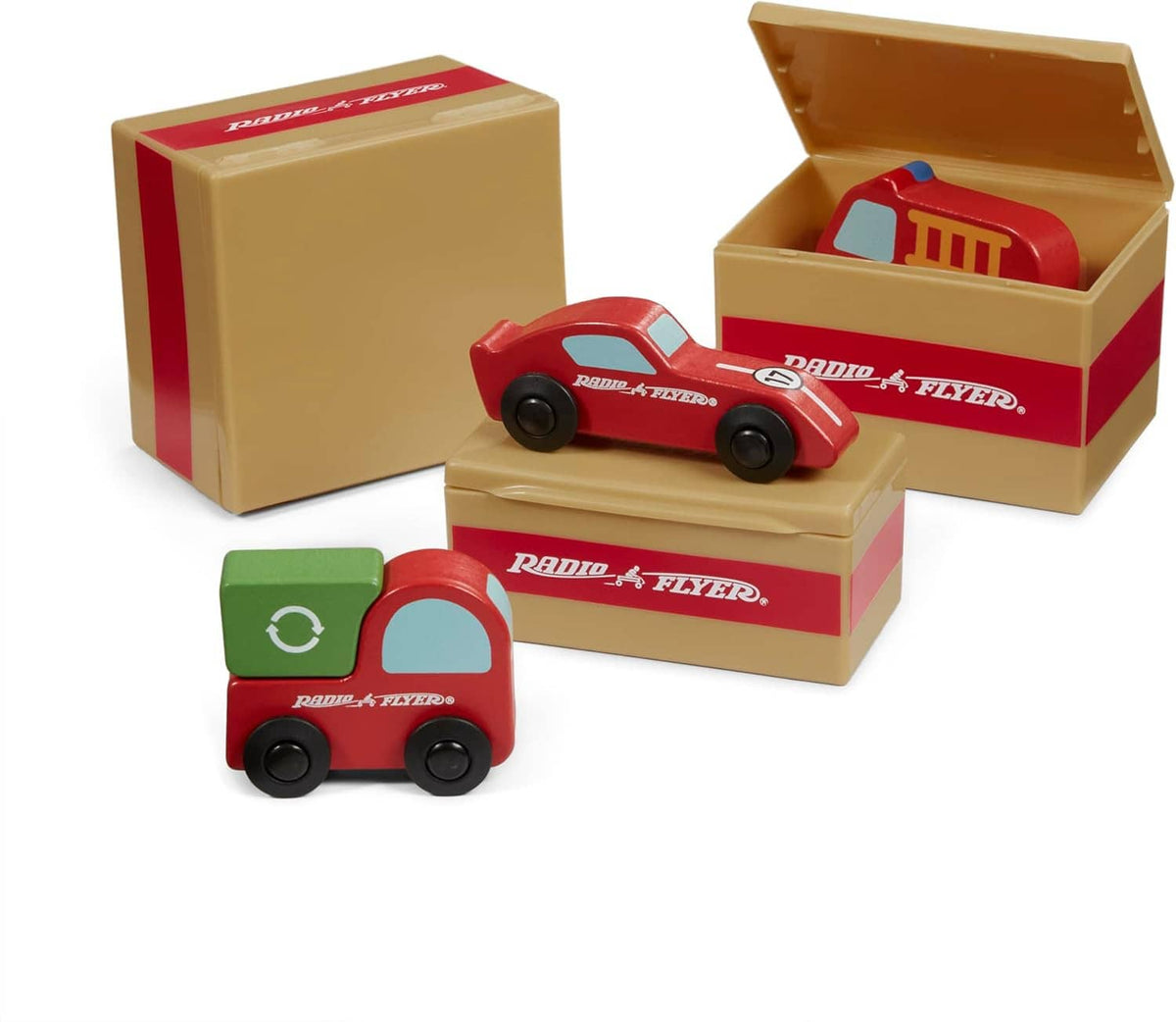 Wooden cargo boxes and small red and green delivery vehicles set