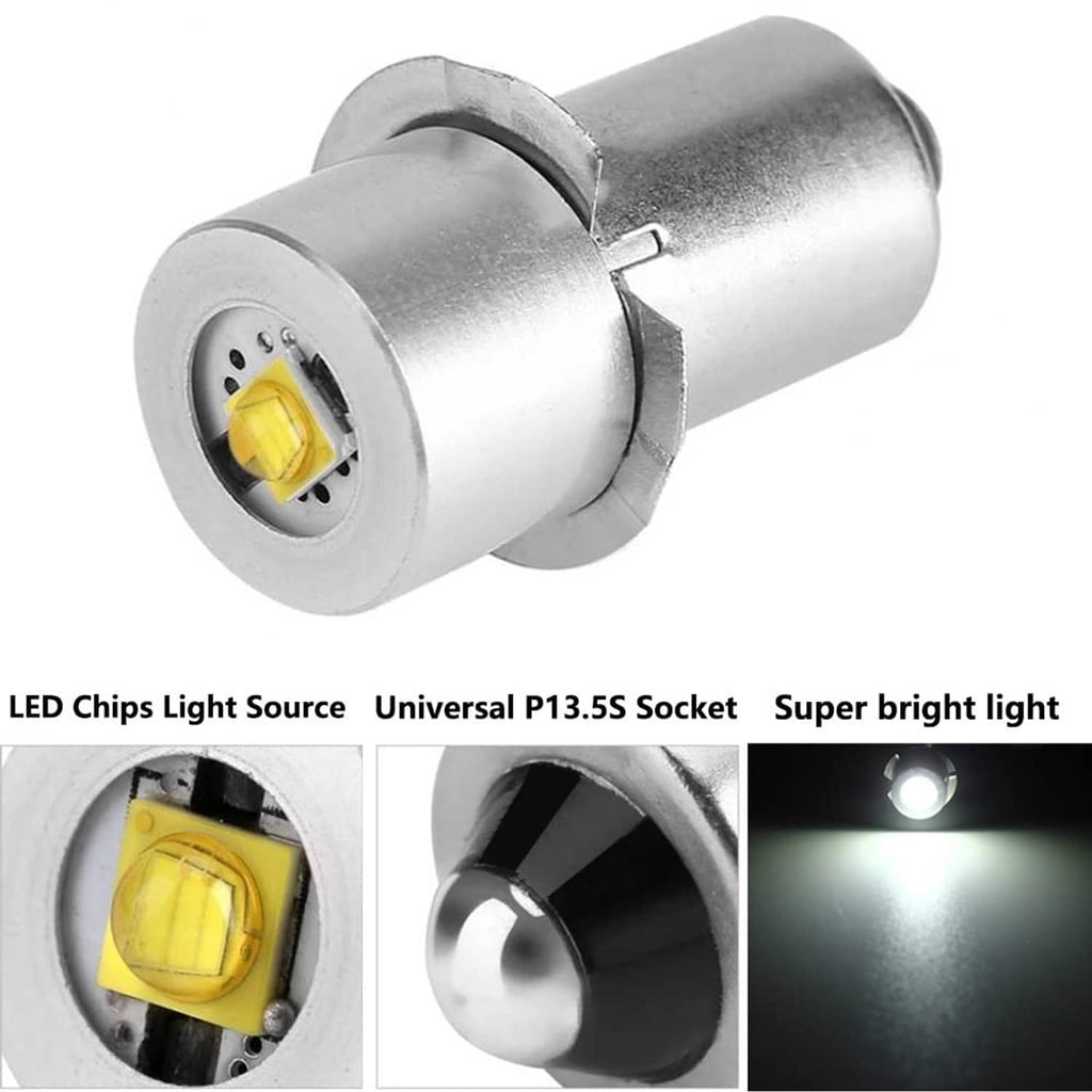 Silver LED flashlight bulb with P13.5S socket and yellow LED chip window