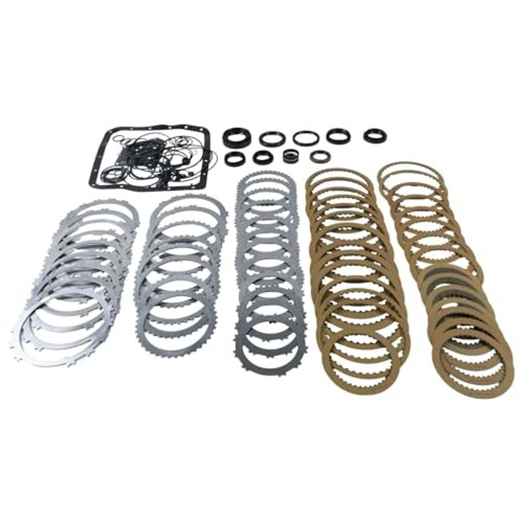 Transmission rebuild kit components: gasket, O-rings, and mixed-color friction plate stacks