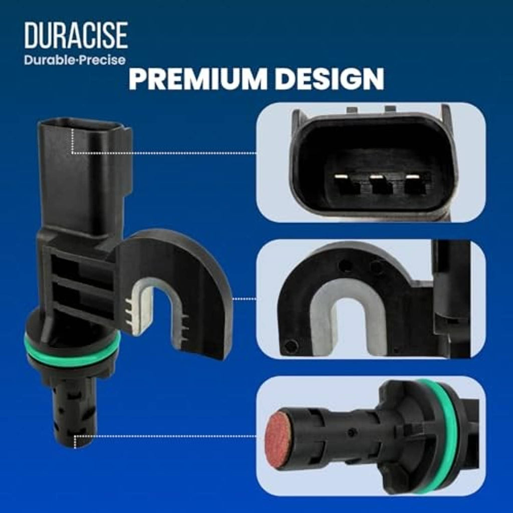 Camshaft position sensor with black body, green seal, and open connector terminal slots