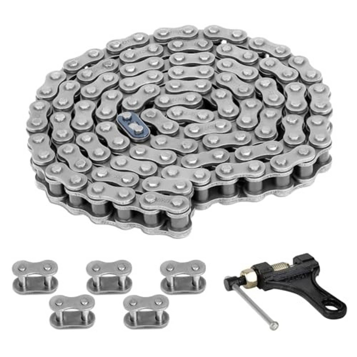 Motorcycle chain with chain breaker tool and link pieces, heavy-duty silver metal