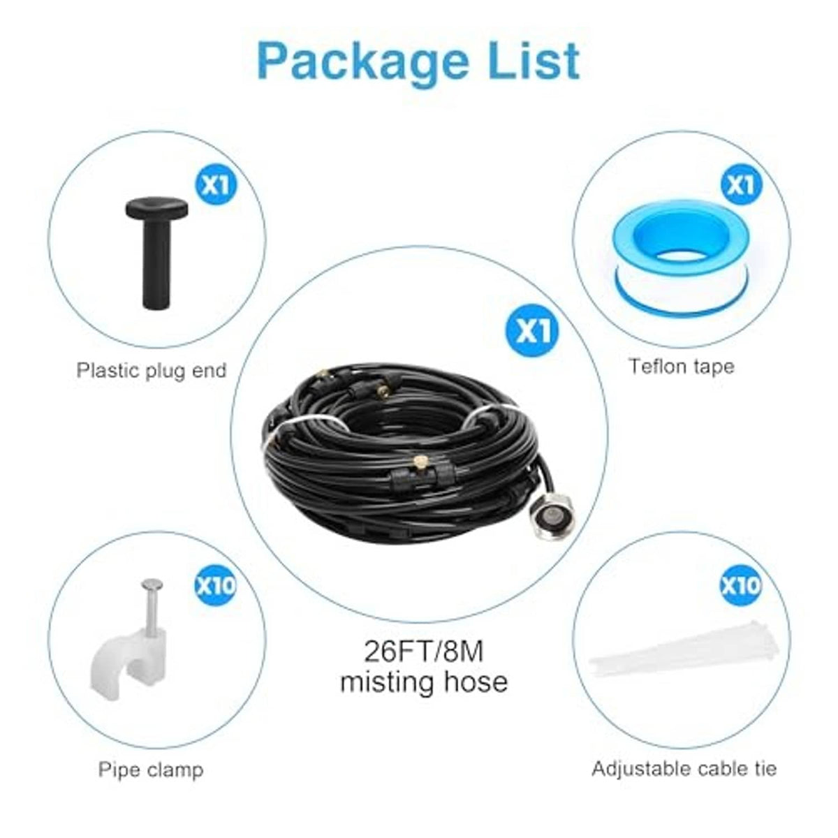 Misting hose kit with coiled tubing and included clamps, ties, and plastic plug end