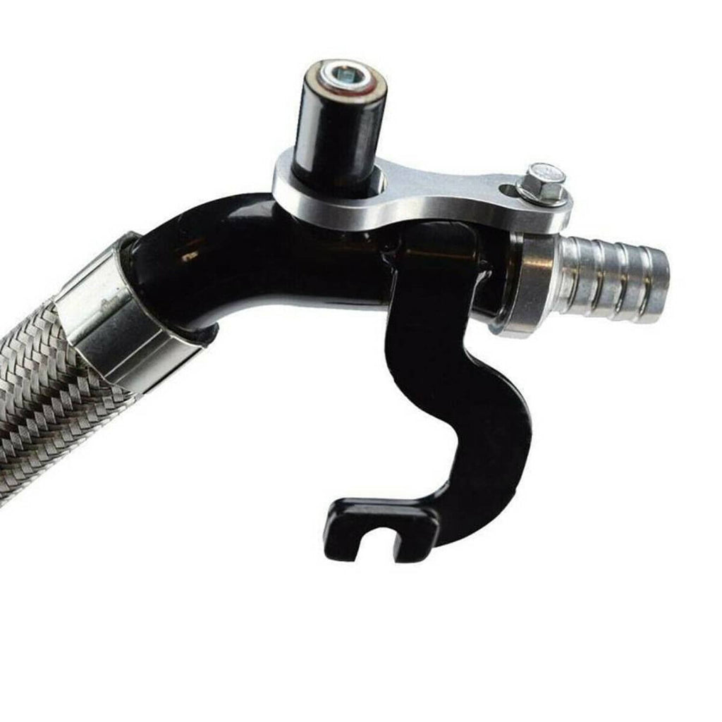 Hose barb adapter mounted with black bracket and hose fitting, silver coupler