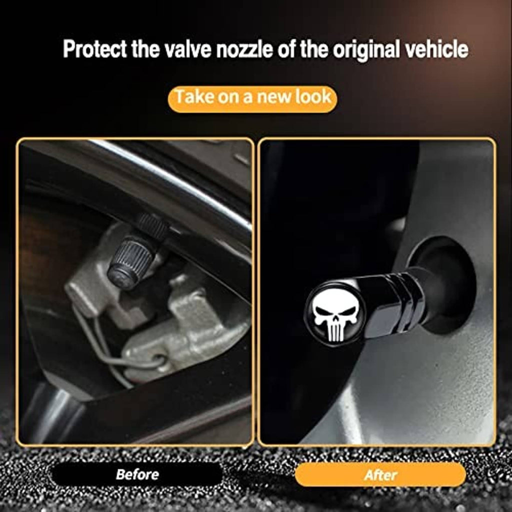 Wheel valve stem cap with skull emblem, black threaded cover for valve protection