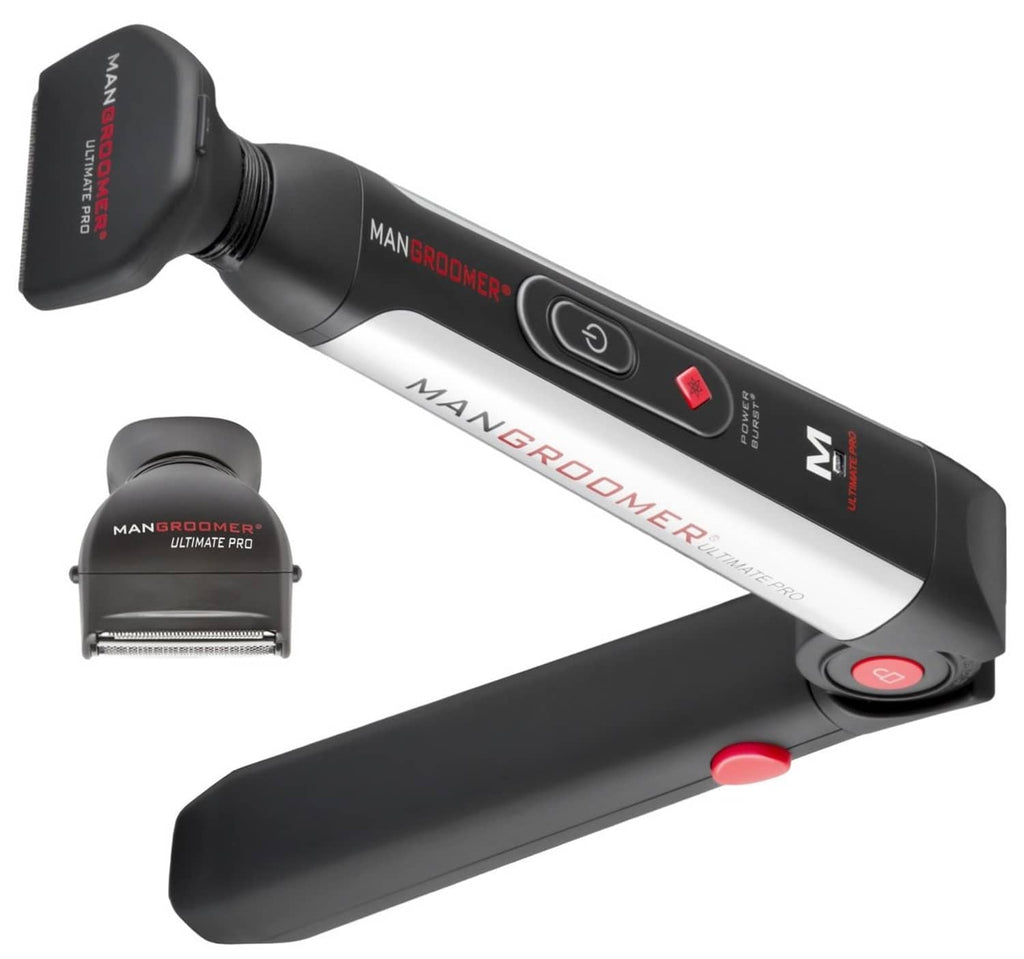 Back hair shaver with controls and red detail, shown with replacement head