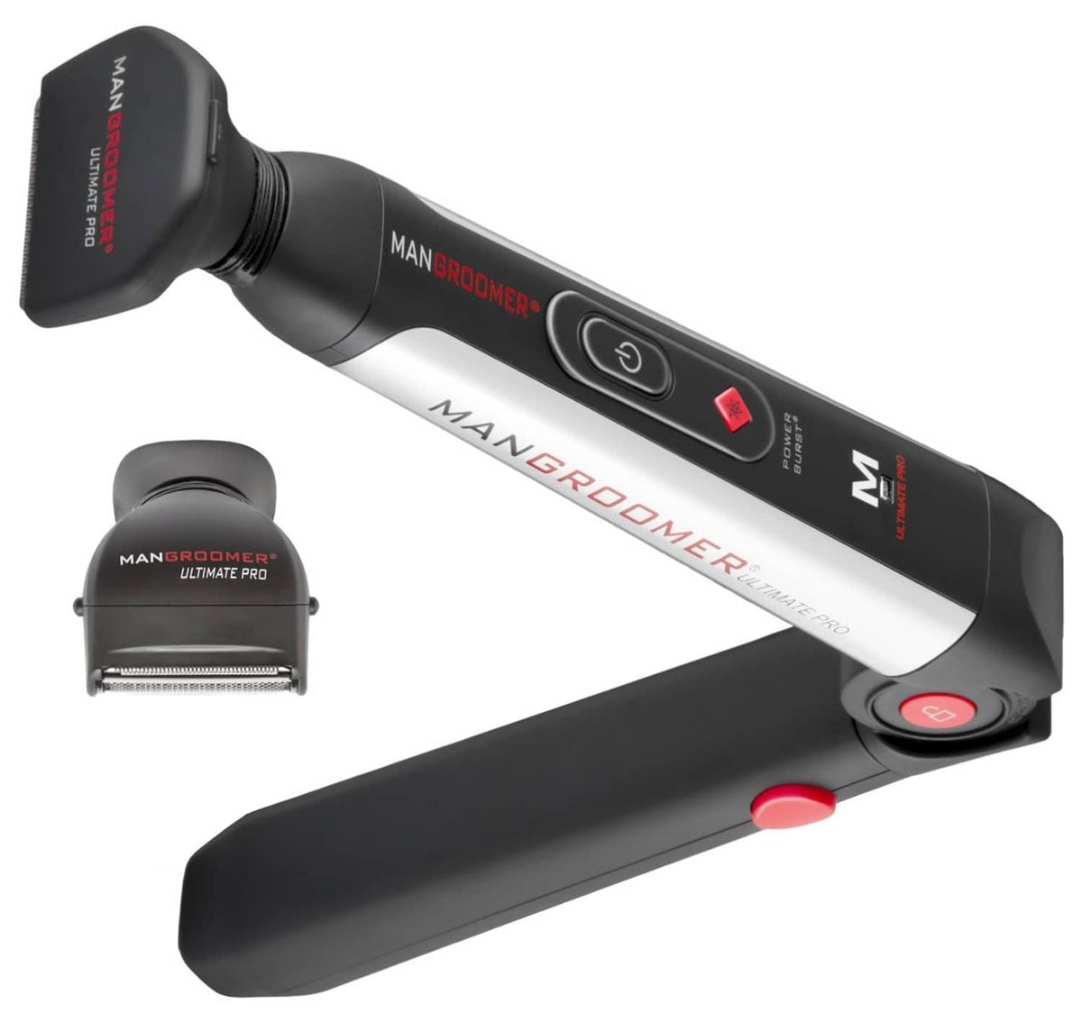 Back hair shaver with controls and red detail, shown with replacement head