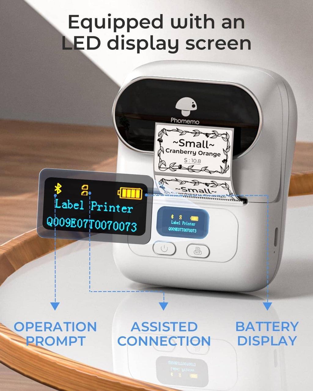 White thermal label printer with LED display and connected label samples