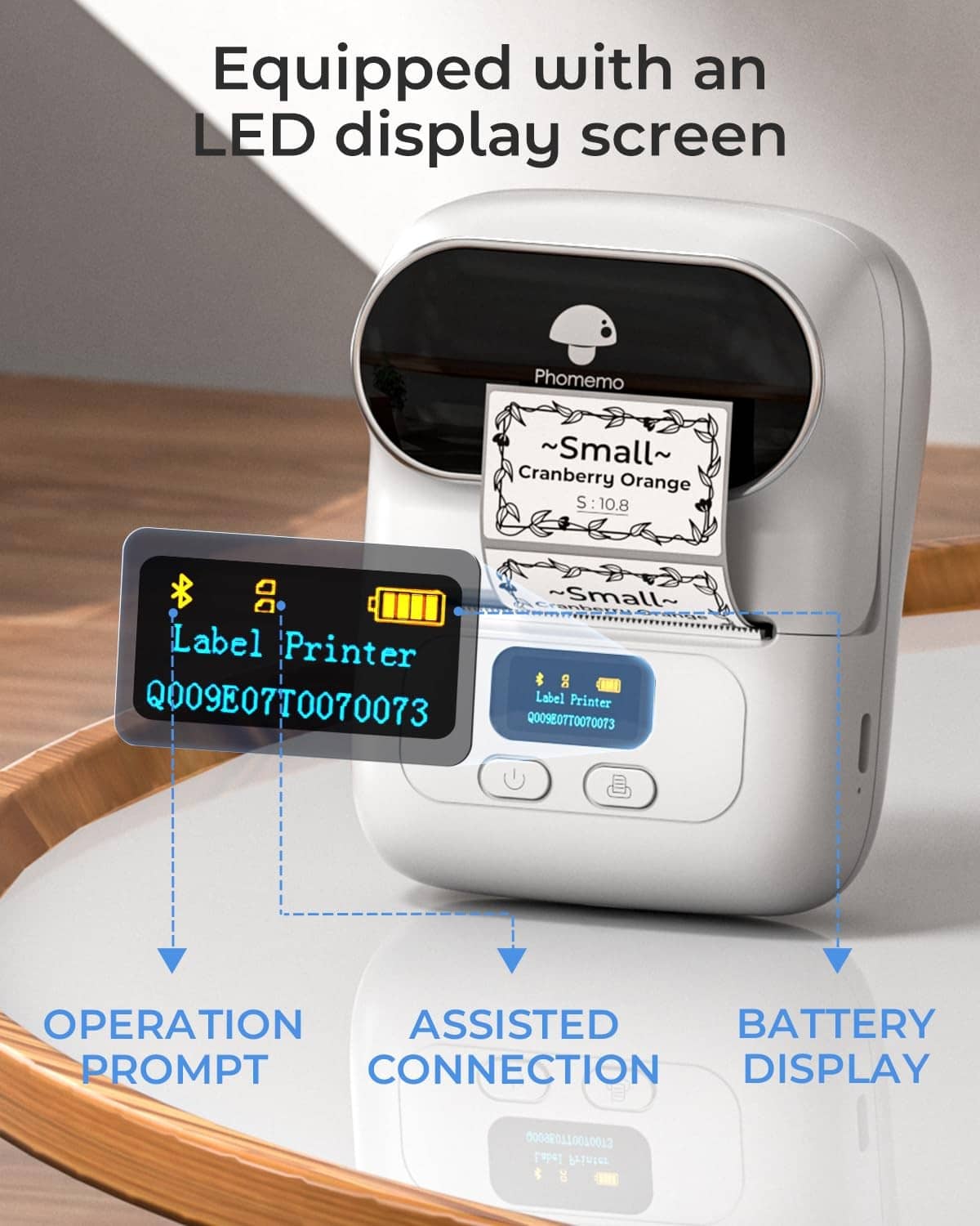White thermal label printer with LED display and connected label samples