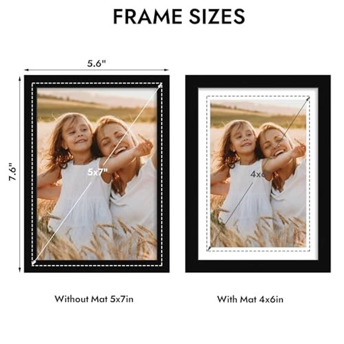 5x7 photo frame size diagram showing options with and without a mat insert