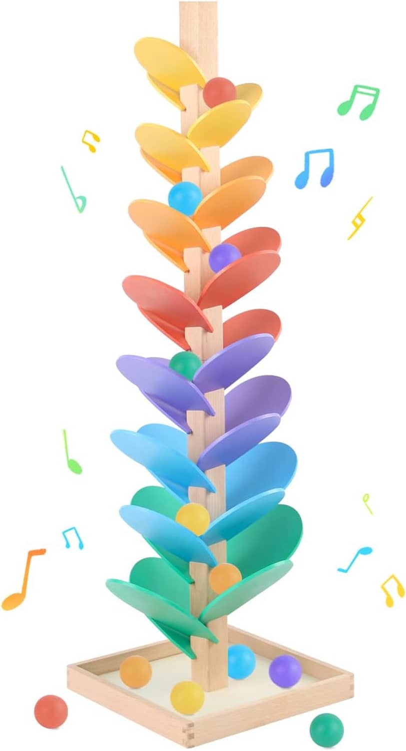 Wooden ball drop tree toy with colorful leaf tiers and wooden base holding multicolor balls