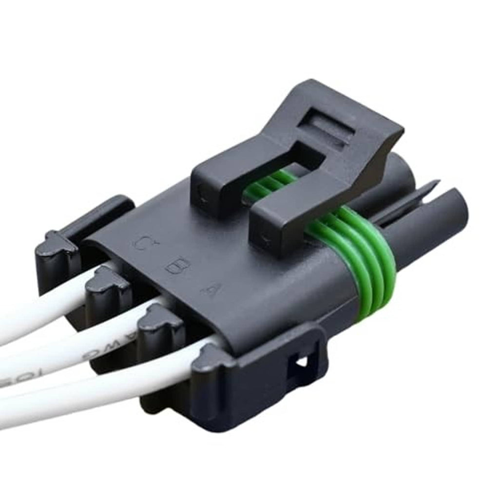Throttle position sensor connector pigtail, side view with green wire strain and latch
